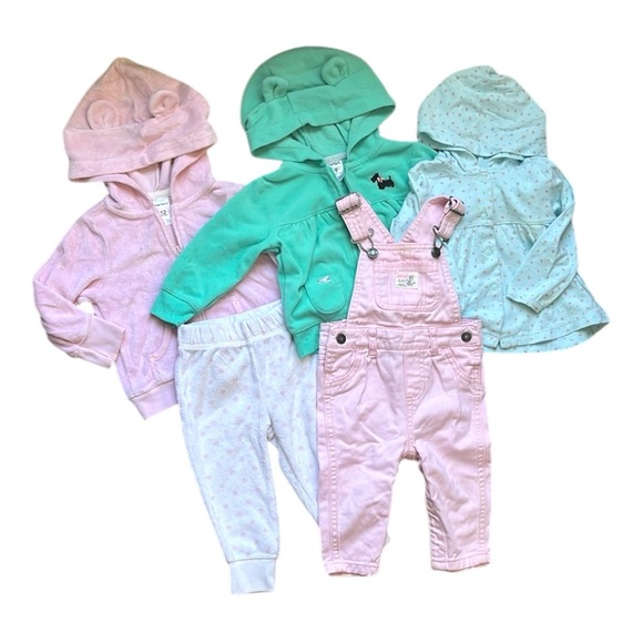 Lot of 5 baby girls Carter’s overalls hoodies coord set Terry cloth size 9-12mo - Picture 1 of 16
